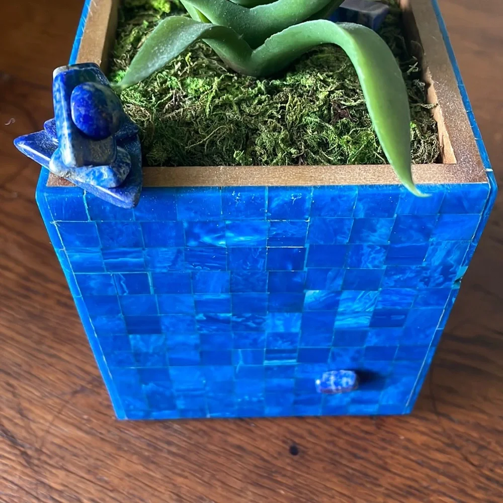 Faux succulent in deep blue dyed shell mosaic cube.